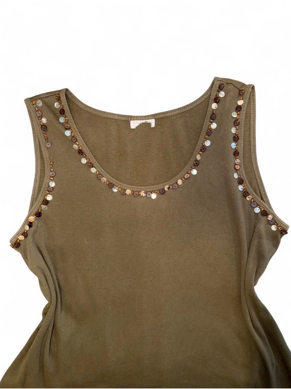 Y2K Olive Green Sequin Trim Sleeveless Tank Top